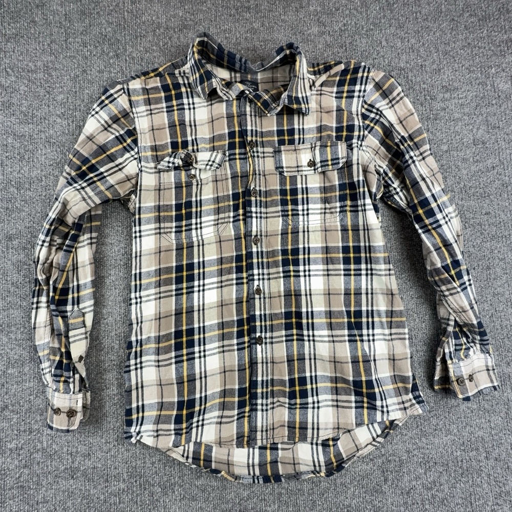 Faded Glory Shirt Mens Small Beige Plaid Flannel Long Sleeve Button Up Casual